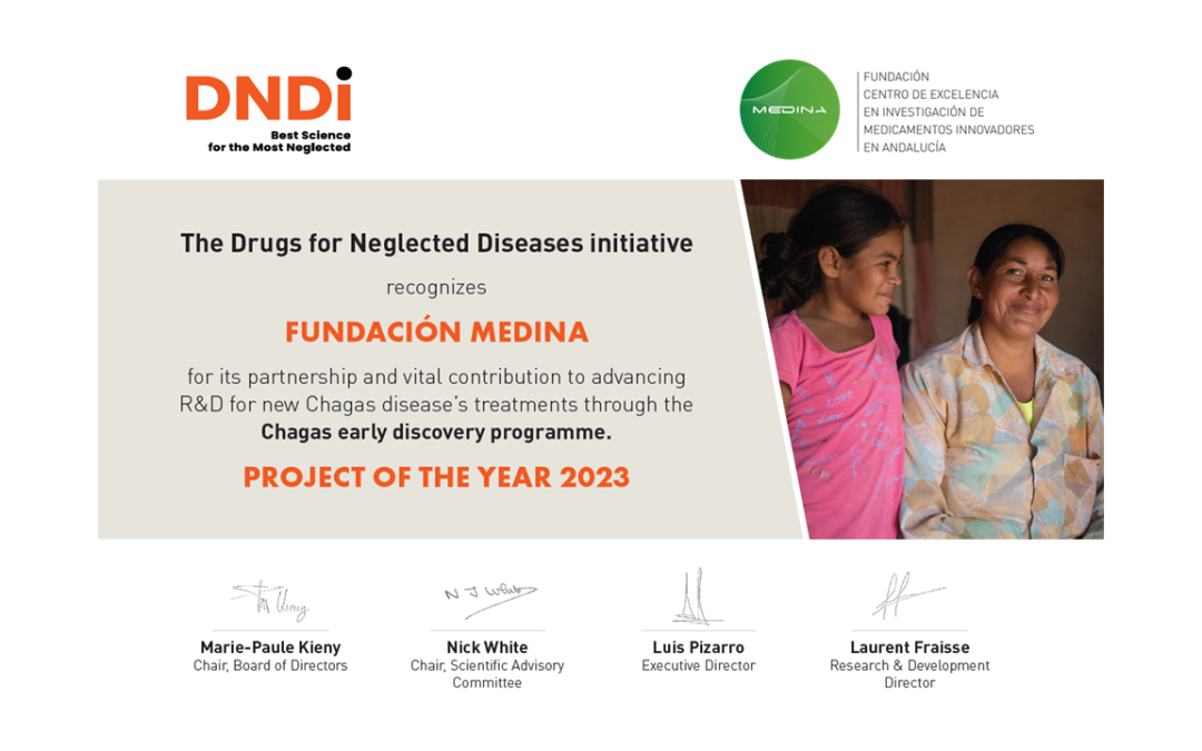 Fundación MEDINA reconocida por su contribución al avance en la investigación y el desarrollo de nuevos tratamientos para la enfermedad de Chagas a través del Programa de descubrimiento temprano en Chagas que ha sido premiado como Proyecto del año 2023 por la DNDi.