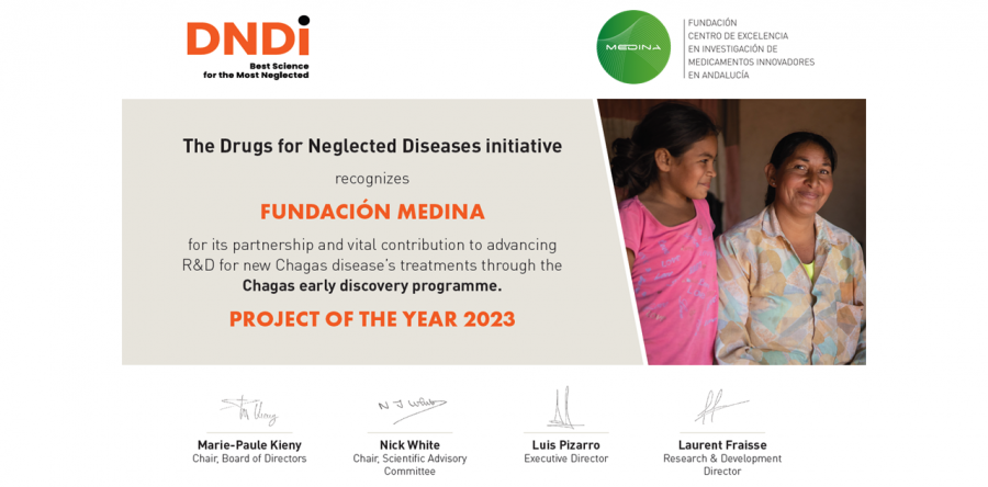 Fundación MEDINA reconocida por su contribución al avance en la investigación y el desarrollo de nuevos tratamientos para la enfermedad de Chagas a través del Programa de descubrimiento temprano en Chagas que ha sido premiado como Proyecto del año 2023 por la DNDi.