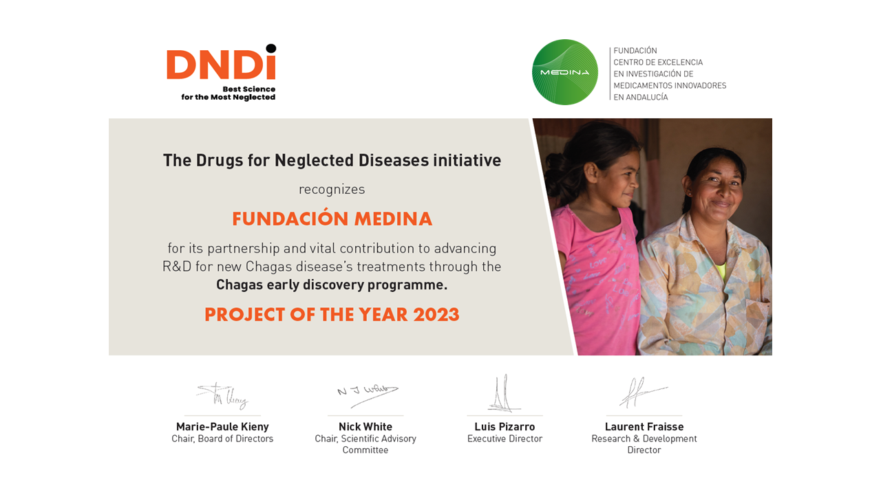 Fundación MEDINA reconocida por su contribución al avance en la investigación y el desarrollo de nuevos tratamientos para la enfermedad de Chagas a través del Programa de descubrimiento temprano en Chagas que ha sido premiado como Proyecto del año 2023 por la DNDi.